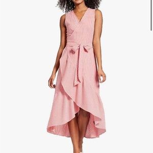 Who What Wear Women's Striped Sleeveless Ruffle Midi Wrap Dress (Red/White,